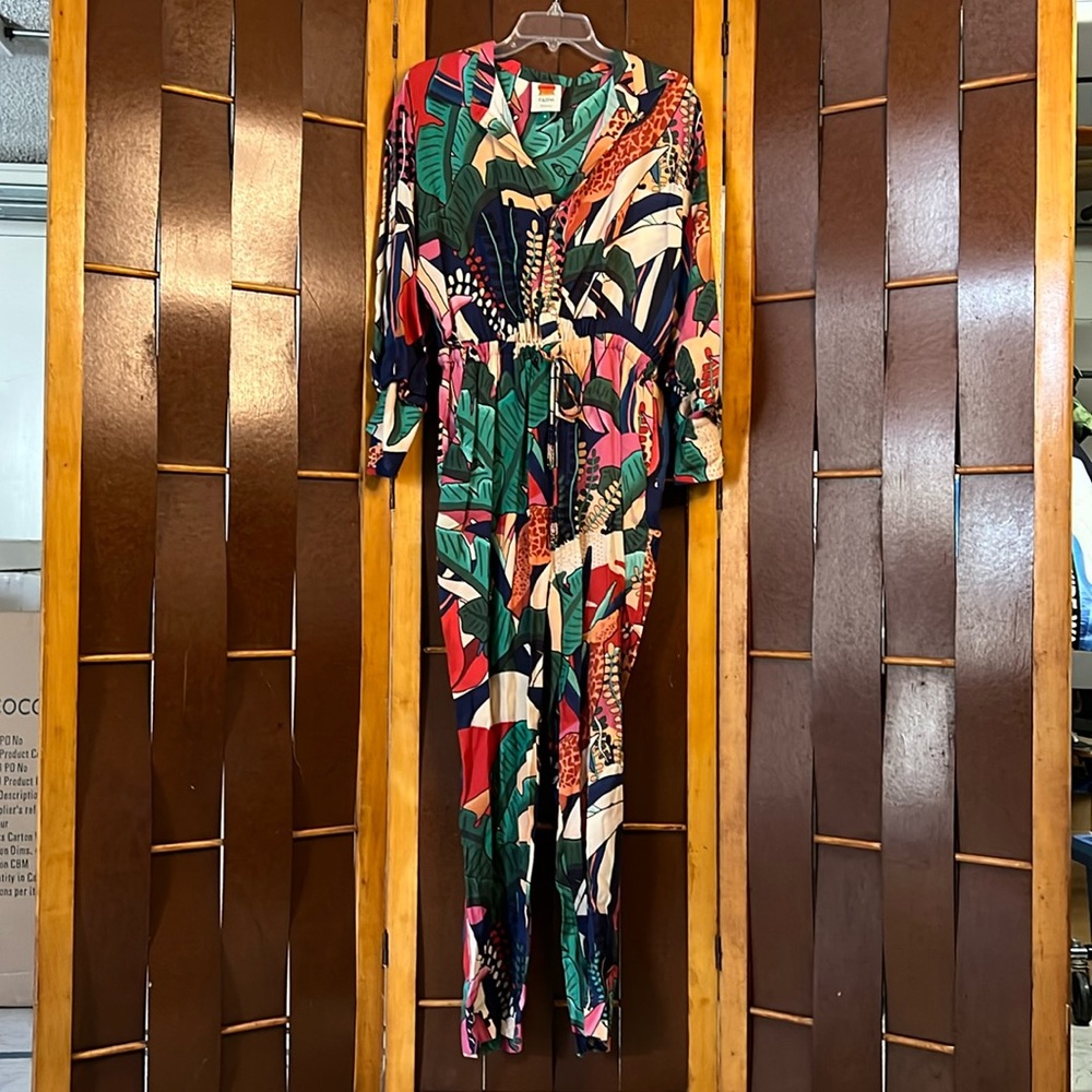 Farm Rio jumpsuit tropical print.